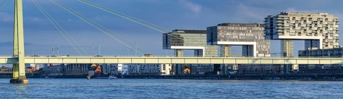 Severinsbrücke and Rheinauhafen harbour with crane houses, Cologne, North Rhine-Westphalia, Germany