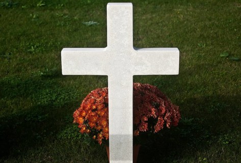 Tomb of a french soldier who died for his country during the WWII, chrysanthemum pot, cemetery in