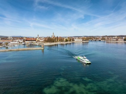 Aerial view of the harbour exit of Constance with the Lake Constance catamaran Fridolin from Lake