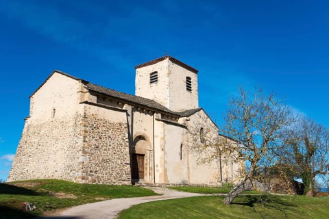 Große steinerne Kirche mit Turm unter klarem blauem Himmel, Feldweg und nackten Baum daneben,
