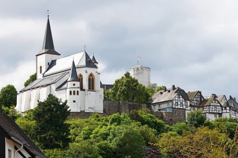 Church of St Matthias, Roman Catholic parish church, settlement and keep of the castle ruins of