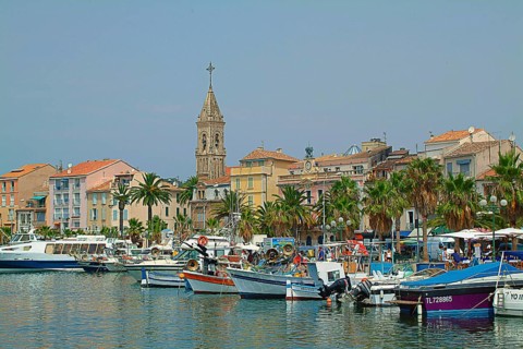 Sanary-sur-Mer marina with Saint-Nazaire church, commune on the Mediterranean coast, Côte d'Azur in