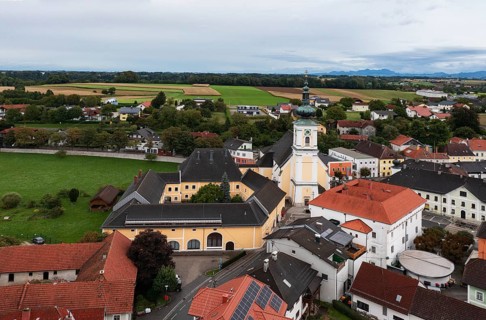 Drone shot, view of village, parish church, Vorchdorf, Traunviertel, Upper Austria, Austria