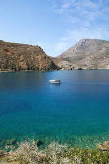 Fishing boat sailing in the Laconian Gulf near Porto Kagio, Mani, Laconia, Peloponnese, Greece