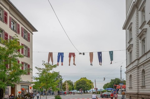 Trousers on a washing line in the city centre of Bregenz, Bregenz, Vorarlberg, Austria