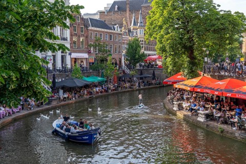 The old town centre of Utrecht, Oudegracht, around 2 km long with many old houses, shops,