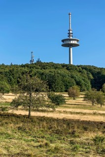 German Telekom telecommunications tower, transmission tower, forest, dry meadows, Hoherodskopf