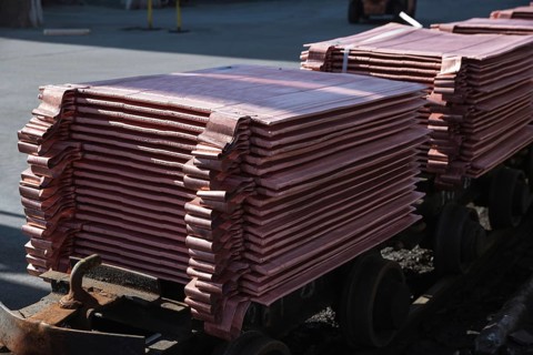 Copper bars in the smelter loaded for rail transport in Legnica, Poland