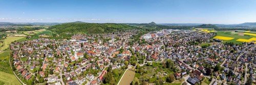 Aerial view, panorama, view of the municipality of Gottmadingen in Hegau, on the horizon the Hegau