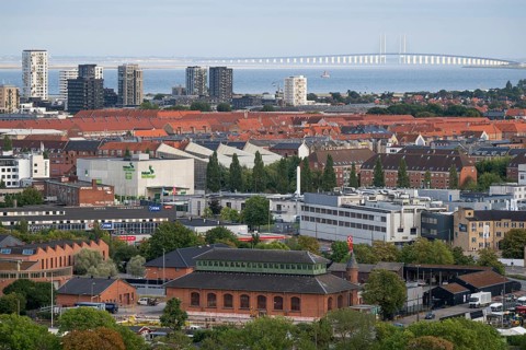 View from the Vor Frelsers Kirke to the island of Amager, the Øresund Bridge or Øresundsbron and