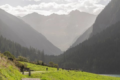 Hiking trail in Stilluptal, hiker, Stillupgrund, Mayrhofen, Zillertal Alps High Mountain nature