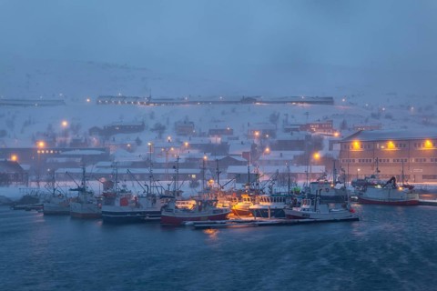 Harbour, ships, boats, snowstorm, wind, twilight, place, houses, illuminated, Batsfjord, Varanger