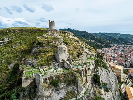 Ruins of the Church of Saint Francis of Assisi and Amantea Castle from a drone, Amantea, Tyrrhenian