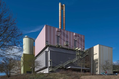 Colourful waste-to-energy plant, Würzburg, Lower Franconia, Bavaria, Germany