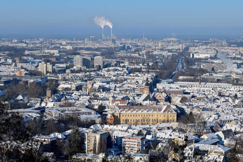 View from the Turmberg to Durlach with town church and town hall, in the background Karlsruhe,