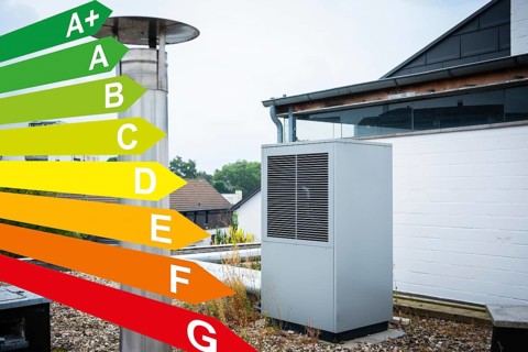 Graphic with energy efficiency classes, a heat pump on the roof of a house in Düsseldorf, Germany