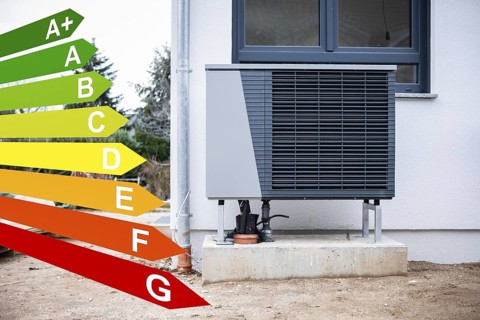 Heat pump on a new single-family house, graphics with energy efficiency classes according to the