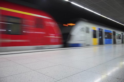 Underground arriving S-Bahn, train, class 420 in traffic red, coupled with Generation 2025,