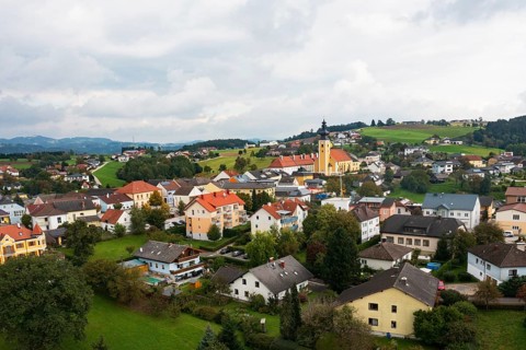 Drone image, view of village with parish church, Münzbach, Mühlviertel, Upper Austria, Austria