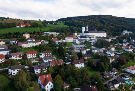 Drone image, view of the village with Cistercian monastery Schlierbach, Schlierbach, Traunviertel,