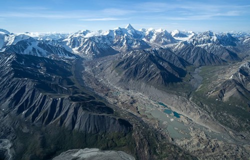 Melted glacier, glacier bed, aerial view, Alaska Range, Denali National Park, Alaska, USA