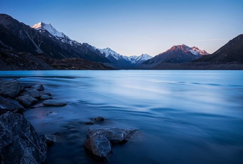 Tasman Lake. On the left, Mount Cook. evening mood. Aoraki Mount Cook National Park, Canterbury,