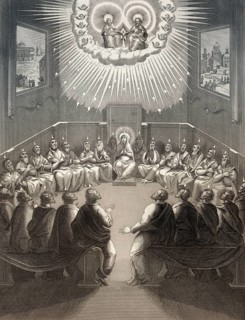 The Day of Pentecost, the descent of the Holy Spirit upon the Apostles, Steel engraving 1853,