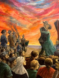 Painting with a tango motif, showing a group of immigrants at sunset in the harbour area with ships