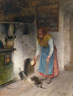 Milk for the cat, old farmer's woman giving milk to her cat, after a painting by Johan Hamza,