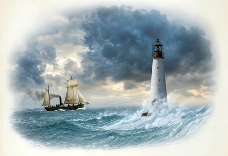 Lighthouse near Cleveland, shipping, sailing ship, sea, wave, coast, North America, historical