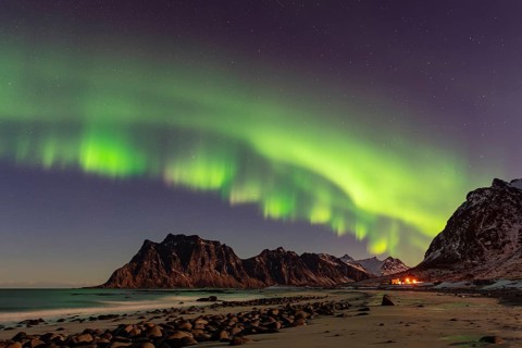 Aurora over the mountains and sea of Lofoten, Northern Lights, Northern Lights, Landscape, Leknes,