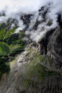 Dramatic mountain landscape covered in clouds, Bernese Alps, Bernese Oberland, Switzerland