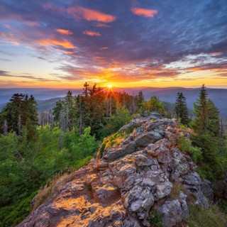 Sunset on the summit of the Großer Rachel (1452m), Bavarian Forest National Park, Lower Bavaria,
