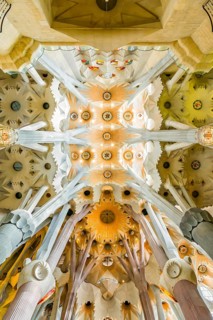 Interior view of the Familia Sagrada by the architect Antonio Gaudi in Barcelona, Spain