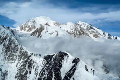 Summit of Mt Denali or Mount McKinley with glacier, aerial view, Alaska Range, Denali National