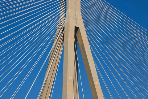 Detailed view of the steel cables of a bridge against a clear sky, Rio-Antirrio cable-stayed