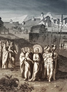 Pharisees try to trap Jesus, Is it right to pay taxes to Caesar or not, steel engraving 1853,