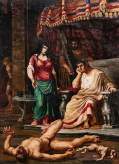 Nero testing poisons on a slave and a dog, painting by Jean-Baptiste Cariven (1843 to 1904, French