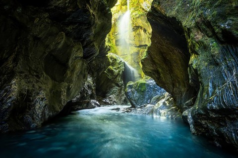Waterfall in rocky gorge, Wilson Creek Chasm (Wilson Creek Canyon, Wilson's Creek), Haast Pass,