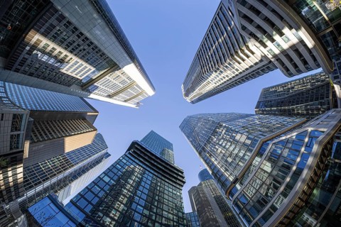 The skyscrapers of Frankfurt's skyline rise far into the sky, Frankfurt am Main, Hesse, Germany