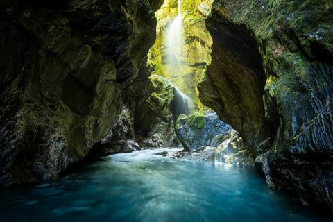 Waterfall in rocky gorge, Wilson Creek Chasm (Wilson Creek Canyon, Wilson's Creek), Haast Pass,