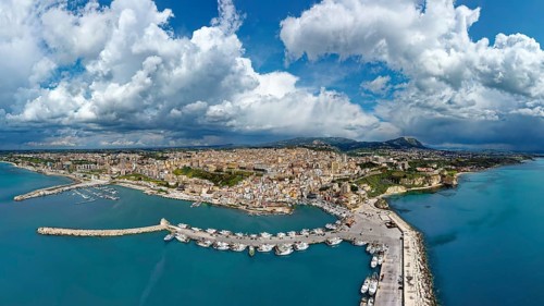 Aerial view, panorama, harbor in front, fishing port, fishing boats, ships, marina on the left,