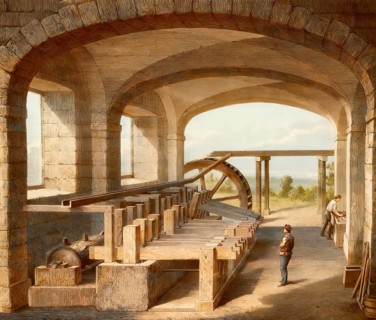 Production of cellulose fibers or fibres, mallet mill for crushing cloth, workshop, 19th century