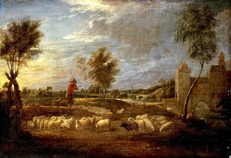 Sunset landscape with a shepherd and his flock, painting by David Teniers (baptised 15 December