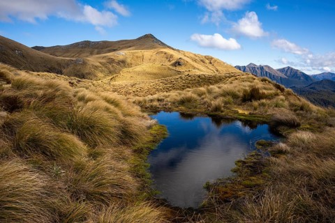 Mountain landscape with a small lake. Mount Burns, Borland Road Area, Fiordland National Park,