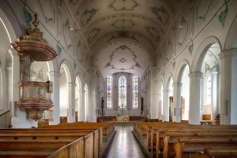 Interior view, nave, pulpit, choir room, altar, St. Stephen's Protestant Church, Lindau, Bavaria,