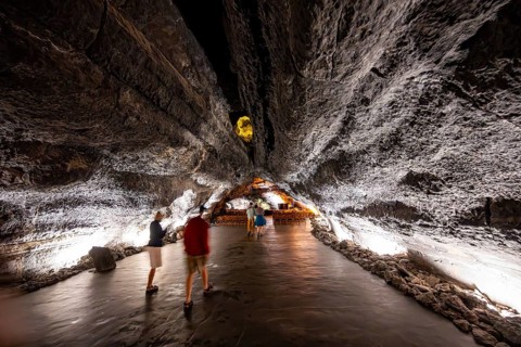 Underground cave formed by lava flow, illuminated lava cave, Cueva de los Verdes, Lanzarote, Canary