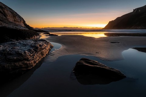 Evening in a sandy bay on the Norwegian European Sea, Söröya, Finnmark, December 2018