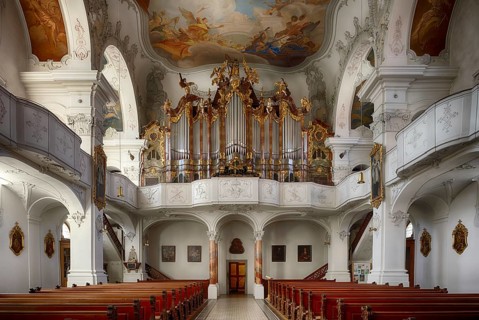 Interior view, brochure of the main organ, large organ, gallery, nave, Cathedral of Our Lady, also