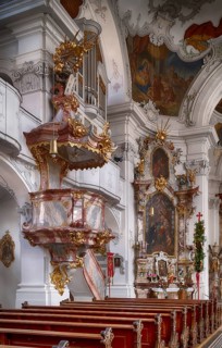 Interior view, pulpit, Cathedral of Our Lady, also collegiate church, Lindau, Bavaria, Lake